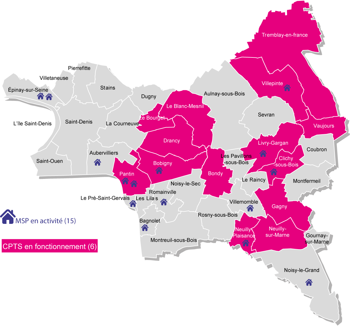 Cartographie indiquant l'emplacement des MSP et CPTS en Seine-Saint-Denis